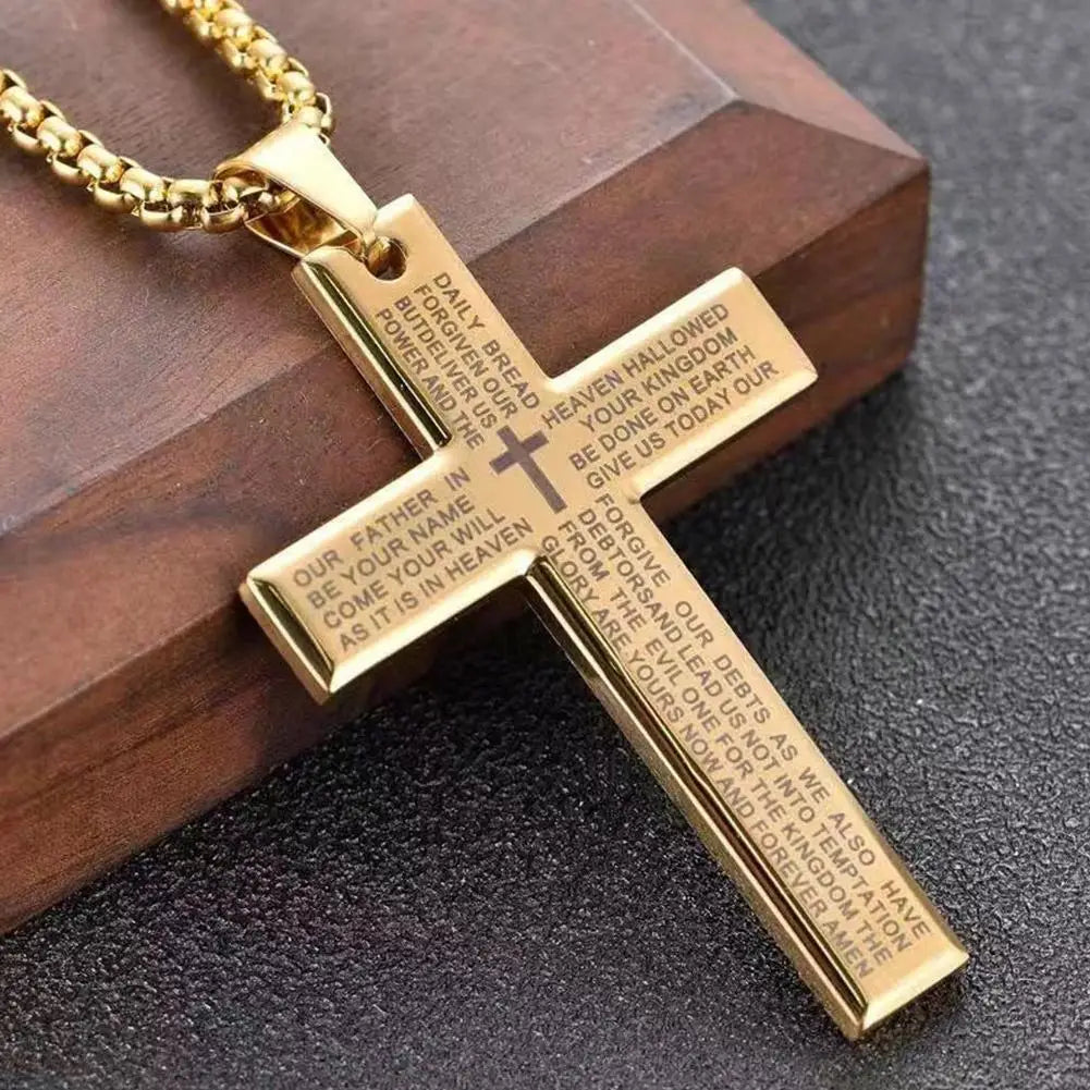 Christian Bible Cross Chain Necklace Stainless Steel Big Pendant Necklace Men'S Religious Prayer Jewelry Corrente Masculina